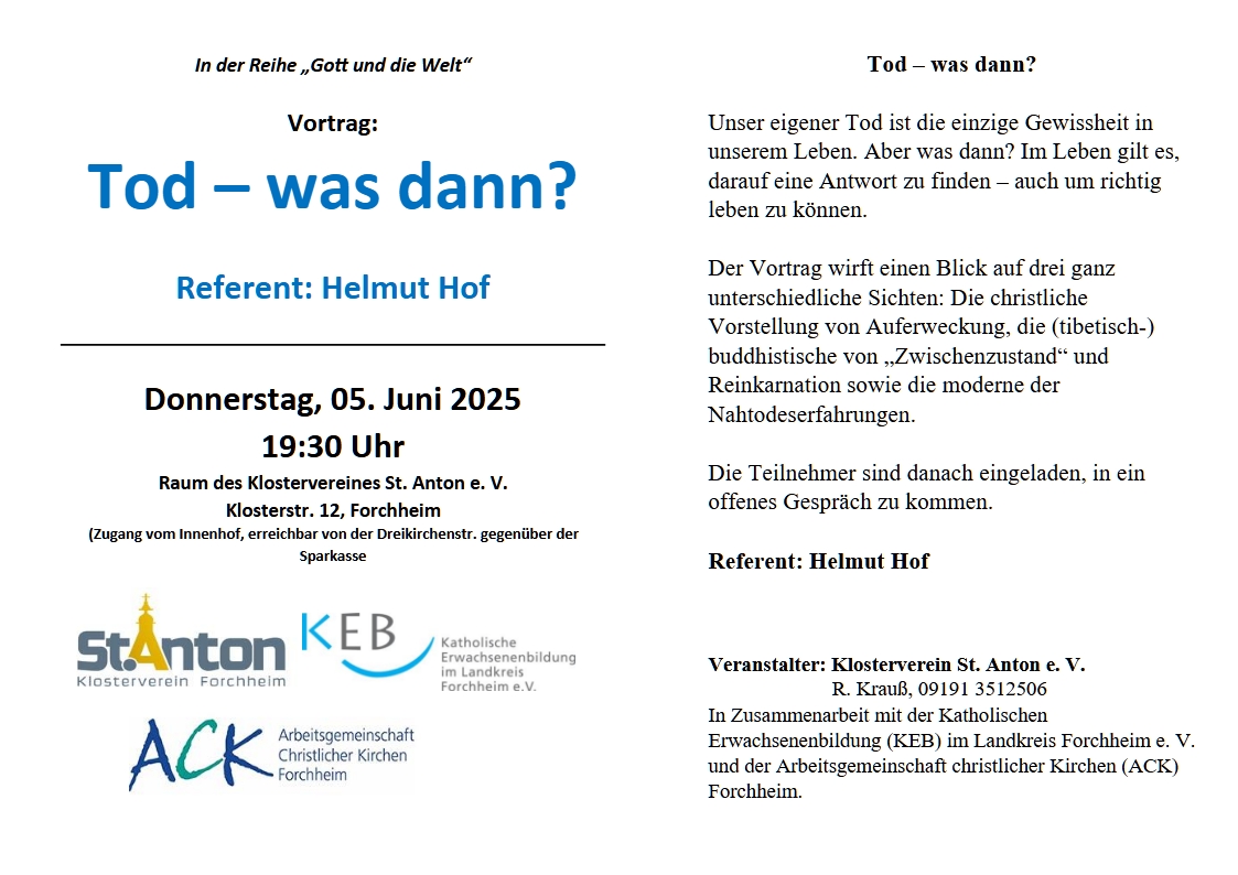 Geprächsreihe Gott und die Welt - Vortrag Tod-was dann Flyer (c) Klosterverein Forchheim, Rita Krauß, ACK Forchheim